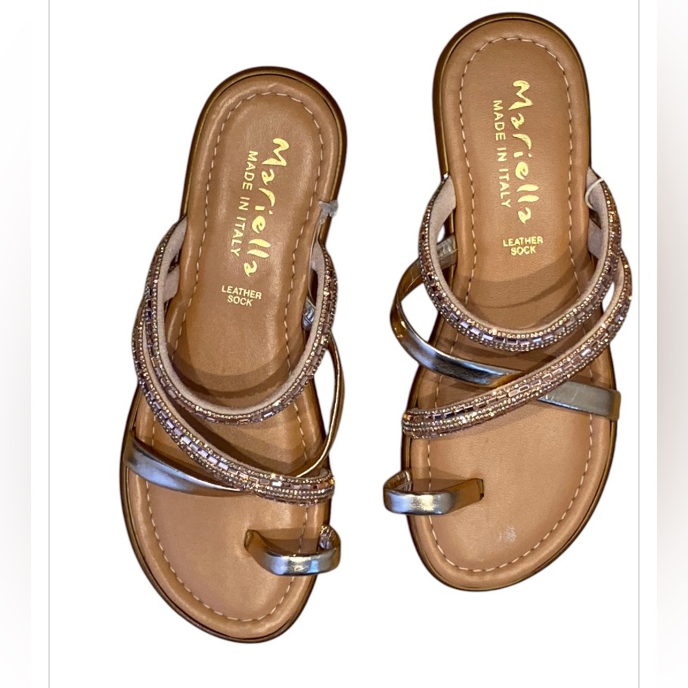 Mariella Metallic Taupe Leather Strap Sandals - Women's